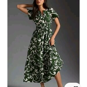 Anthropologie Green and White Patterned Maxi Midi Dress Large